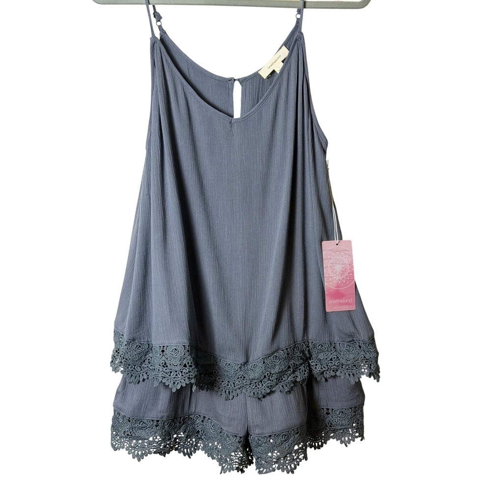 Gray Lined Boho Romper Lace Trim Flowy Sleeveless L